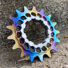 Load image into Gallery viewer, Linear Rainbow Fade Anodized Boone Titanium Single Speed Double Step Cog
