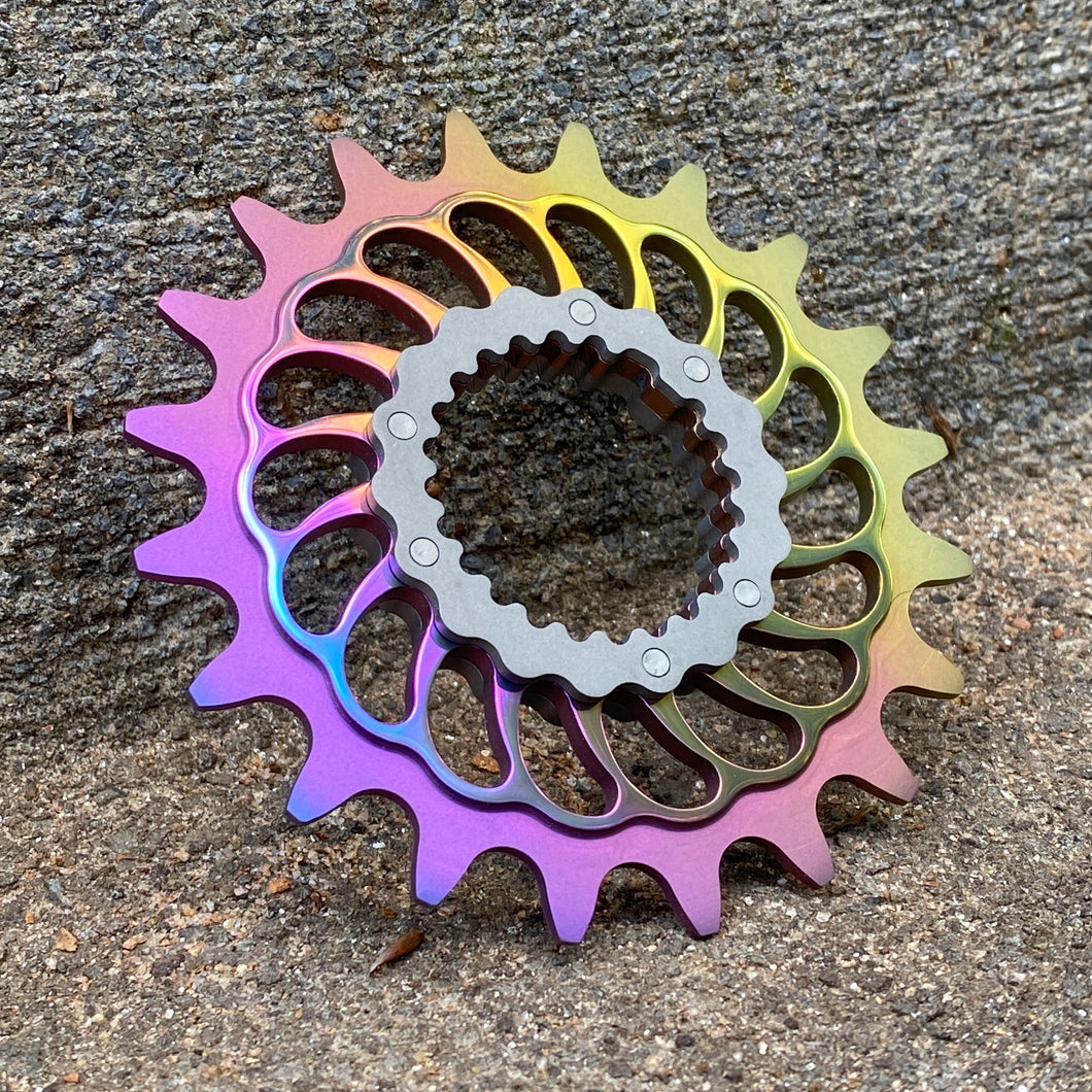 Yellow to Purple Fade (55V to 75V) Anodized Boone Titanium Single Speed Double Step Cog